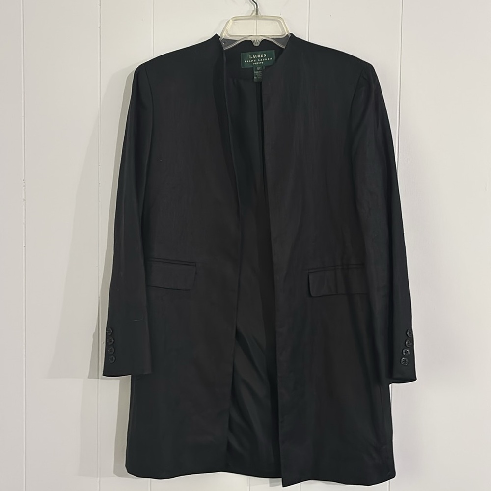 LAUREN Ralph Lauren Women's Black Linen Open Front Jacket Blazer Size 8P